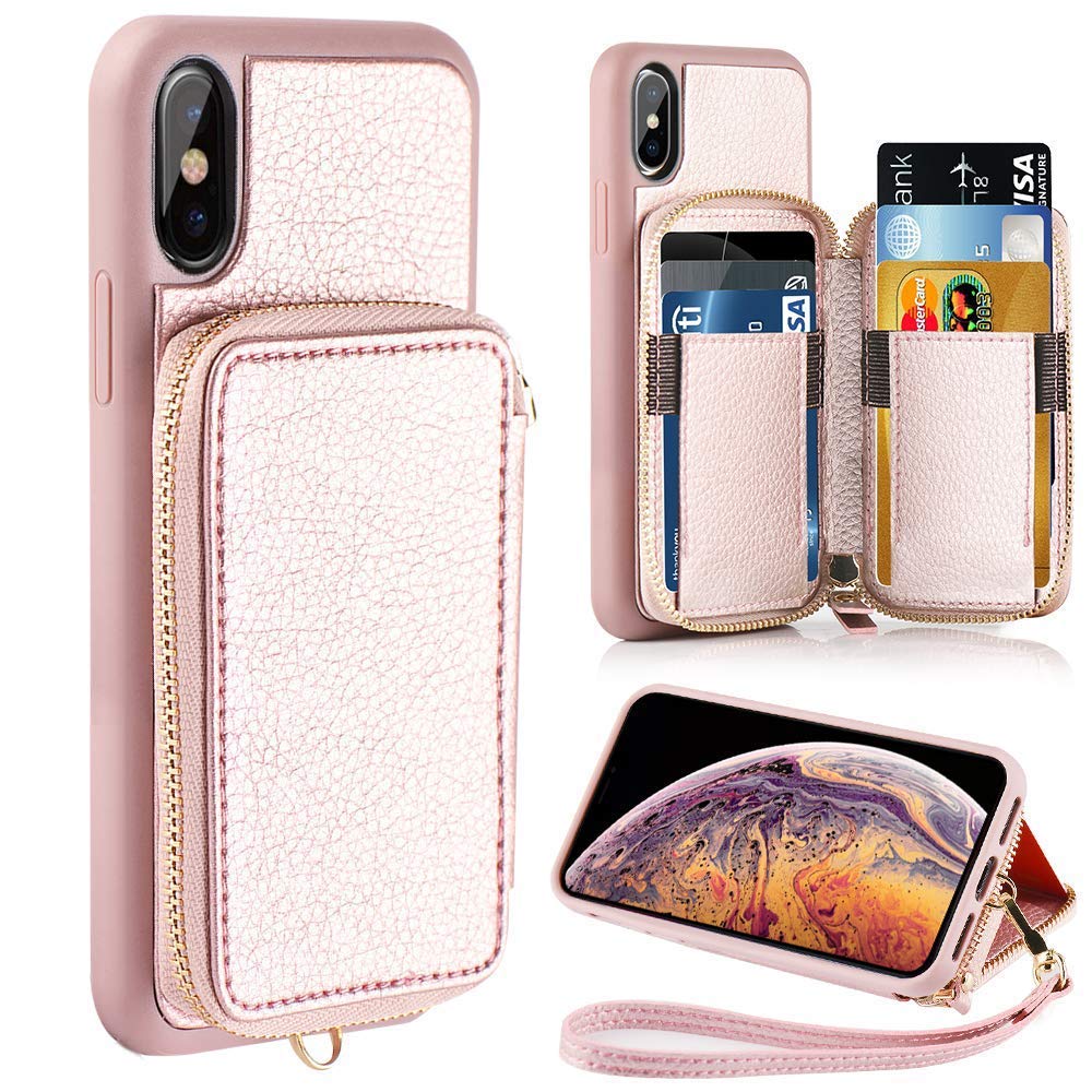 ZVE Wallet Case for Apple iPhone Xs and X, 5.8 inch, Leather Rose Gold