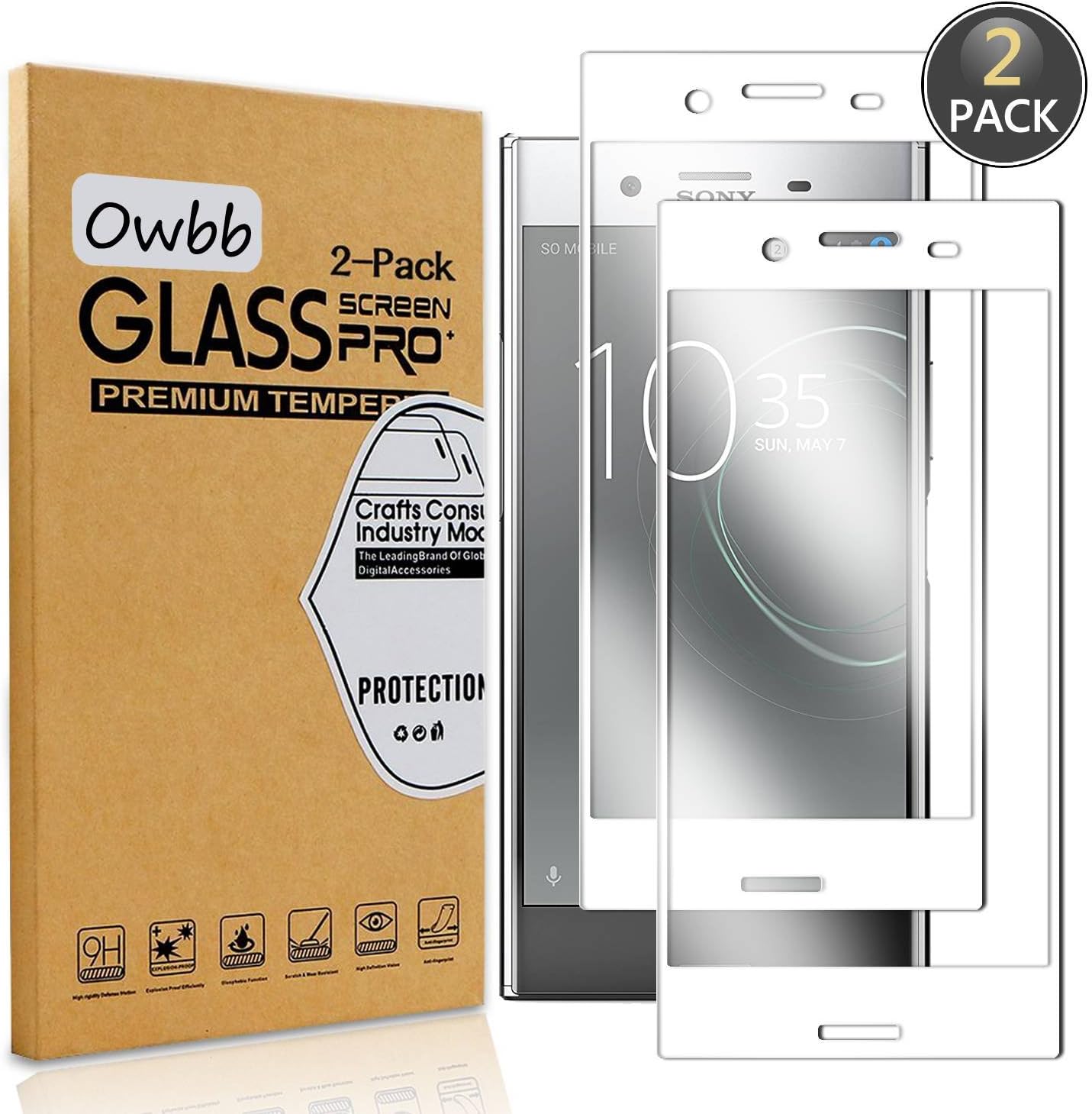 Owbb [2 Pack] Tempered Glass Screen Protector For Sony Xperia XZ Premium White Full Coverage Film 99% Hardness High Transparent Explosion-proof