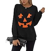 zarmfly Women Halloween Sweatshirts Pumpkin Face Dancing Skeleton Shirt Long Sleeve Sweater Funny Graphic Pullover
