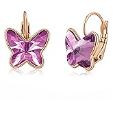 EVEVIC Austrian Crystal Butterfly Earrings Drop Leverback Earrings for Women 14K Rose Gold Plated Hypoallergenic Jewelry Gifts