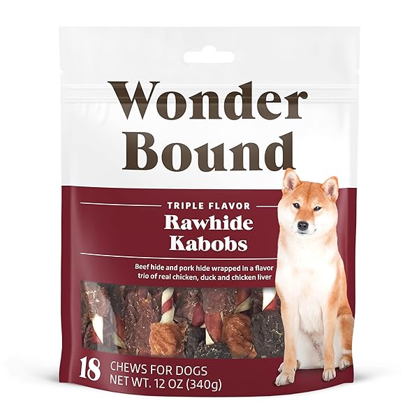 AMAZON BRAND – WONDER BOUND TRIPLE FLAVOR CHICKEN RAWHIDE KABOBS FOR DOGS, 12 OZ., PACK OF 18