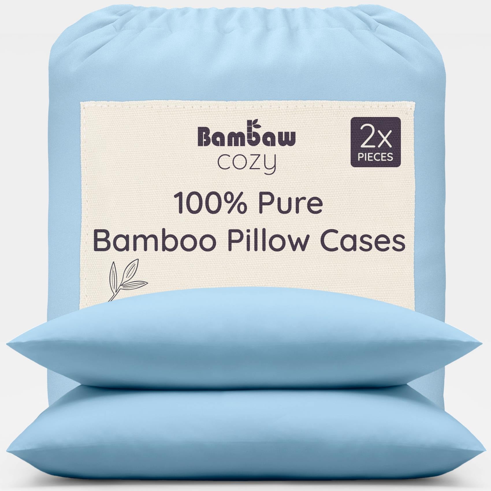 Bambaw Bamboo Pillow Cases Pack of 2 50x75 cm, Anti Allergy Pillowcase, 100% Bamboo Pillowcases, Soft Pillow Case Covers with Envelope Closure, Cooling Pillowcase for Night Sweats 50x75cm (Light Blue)