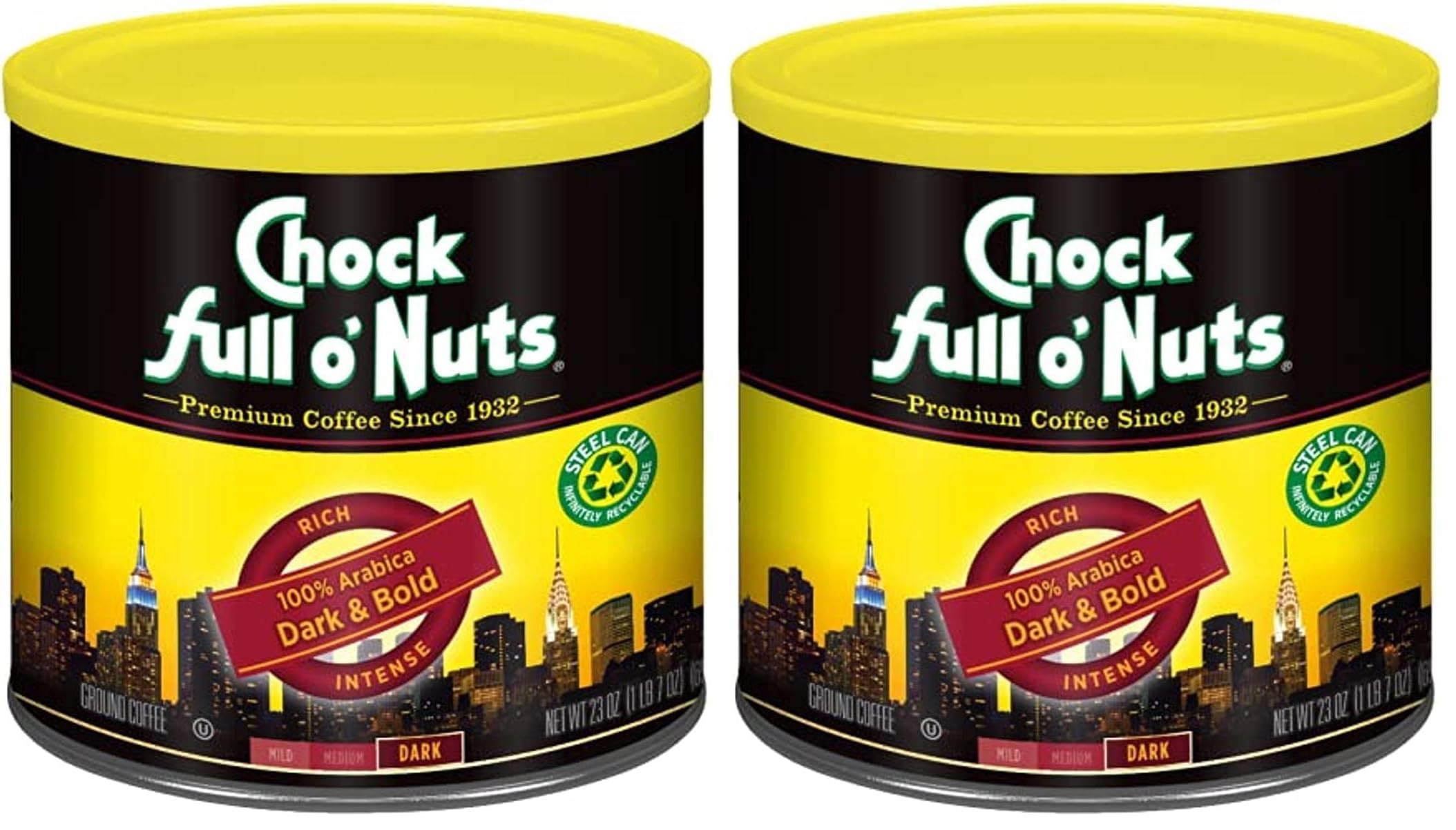 Chock Full o' Nuts Dark & Bold Ground Coffee – Premium Beans in Recyclable Steel Can – Rich Flavor & Aroma, Dark Roast – Perfect for Drip, Pour-Over, Percolator – 23 Oz Can (Pack of 2) Image