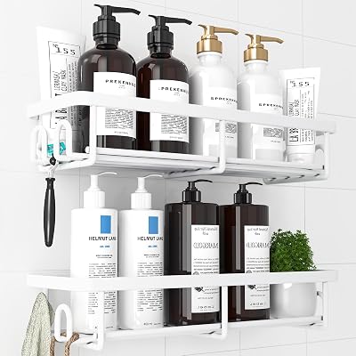 Kitsure 2 Pack Rustproof Shower Caddy Minimalist Wall Shelf White Large Capacity