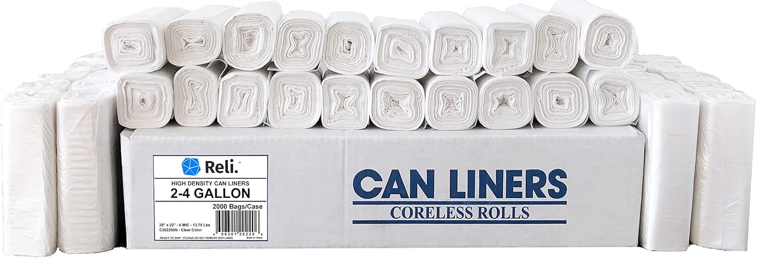 Reli. Trash Bags, 2-4 Gallon (2000 Count Wholesale) - Star Seal High Density Rolls (Clear) - Can Liners, Garbage Bags with 2 Gallon, 3 Gallon, 4 Gallon Capacity