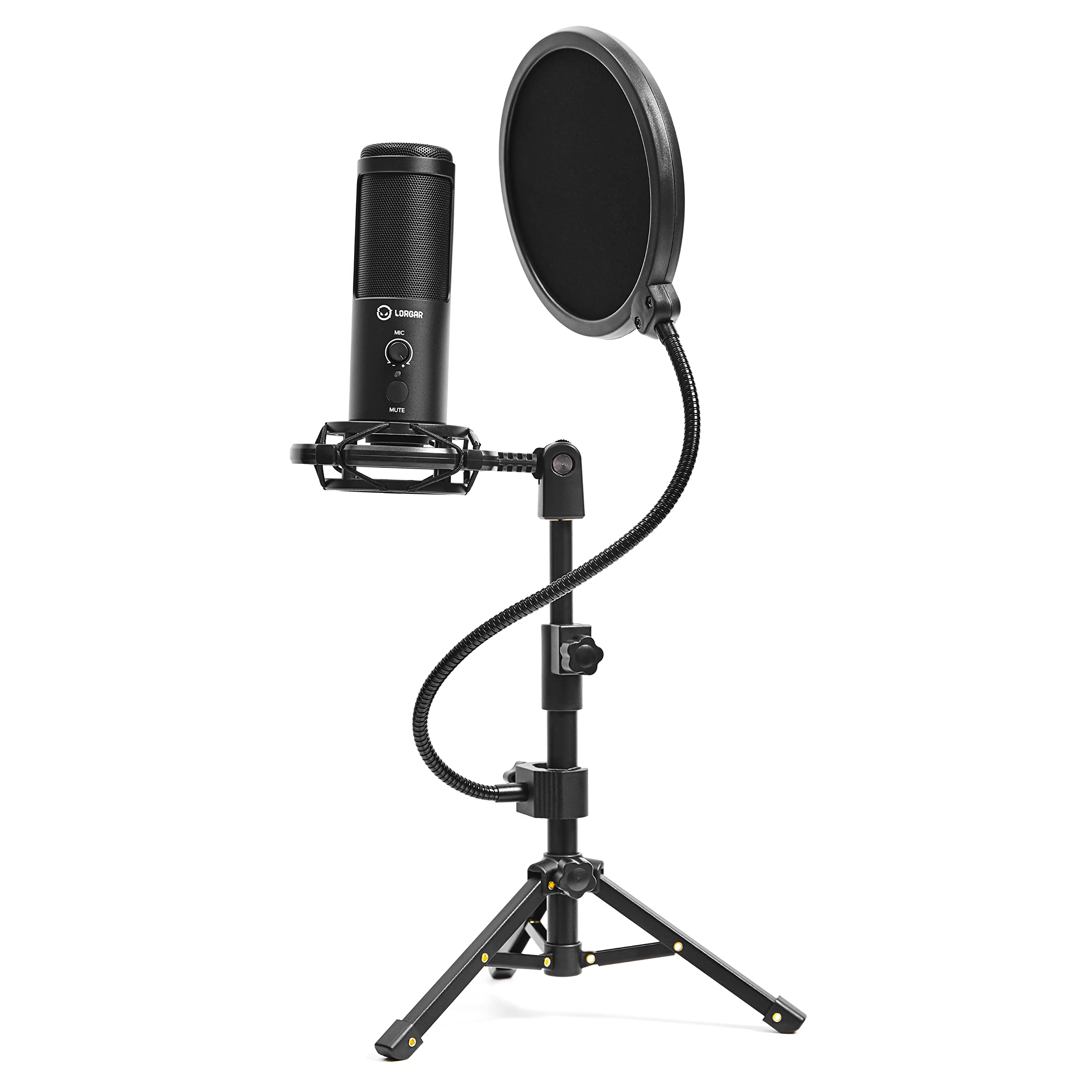 Lorgar LRG-CMT721 Voicer Pro Audio Condenser USB Microphone, Streaming Podcasting Recording PC – Pro Mic Plug & Play, 360 Rotation 180 Tilt, 3,5m Headphone Jack Fully Equipped with Tripod WF5 (Black)