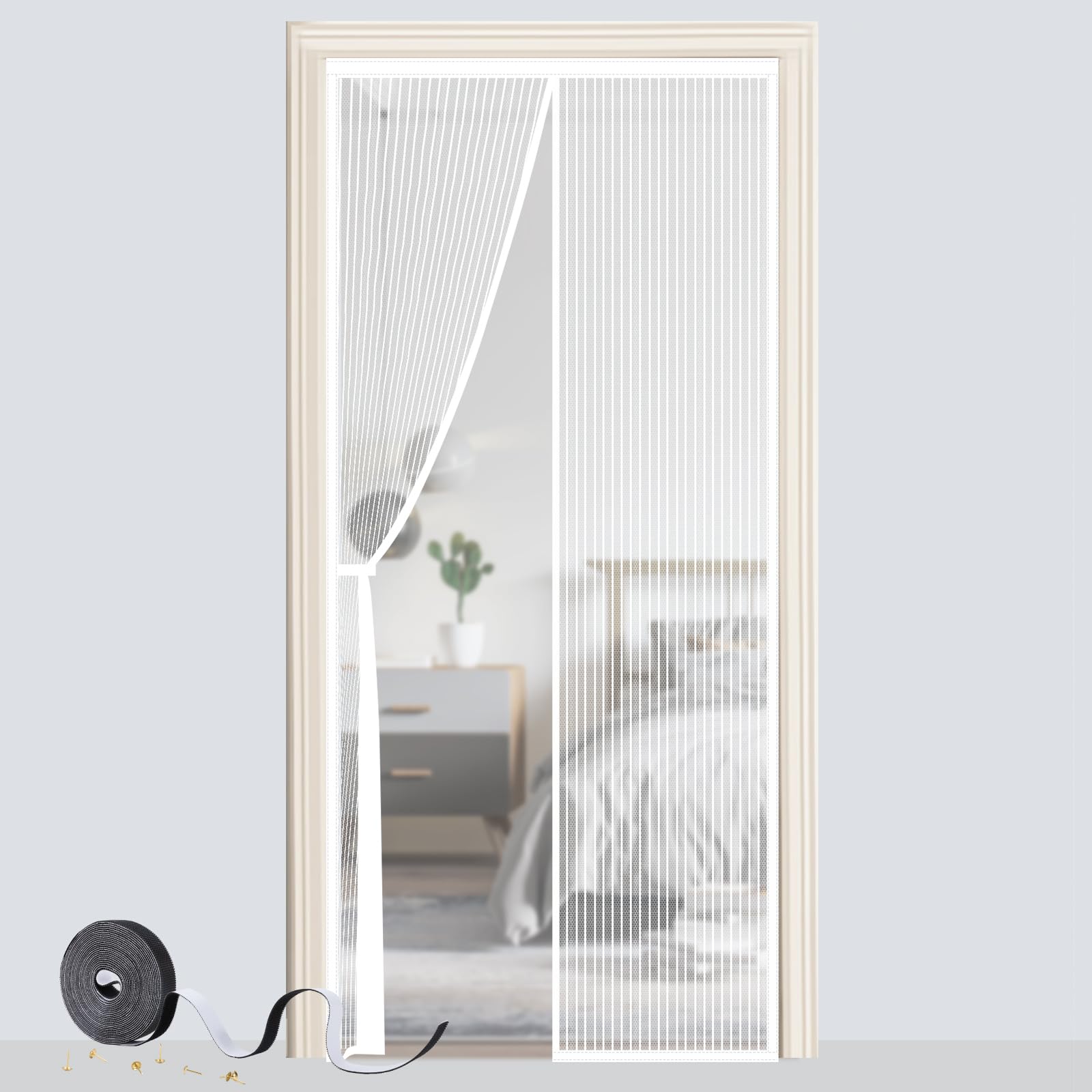 Magnetic Door Screen, SMALUCK Heavy Duty Fly Door Screen Mesh with Powerful Magnets, Durable Mesh Curtains Keeps Bugs Out, Frame Hook & Loop, Kid and Pet Friendly (90 x 210 cm, White)