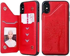 Cmeka Wallet Case for iPhone X & iPhone 10 with Card Holder Embossed Cat Tree Premium PU Leather Kickstand Double Magnetic Clasp Durable Shockproof Cover Red