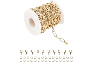 YOUBEIYEE 16.4 Feet Aluminum Oval Light Gold Chains for Jewelry Making Unwelded Textured Paperclip Link Cable Chain Roll Necklace Chains Bulk with Lobster Clasps and Jump Rings