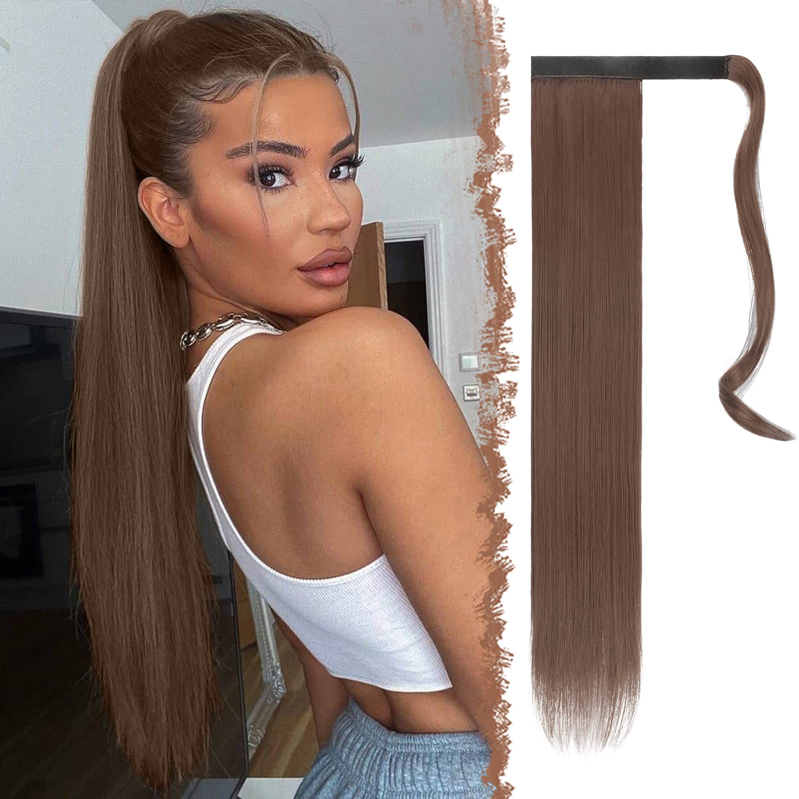 FESHFEN Straight Ponytail Extensions Long Wrap Around Ponytail Synthetic Clip in Pony Tail Hair Extensions Light Golden Brown Hairpiece for Women, 28 inch โ image 1