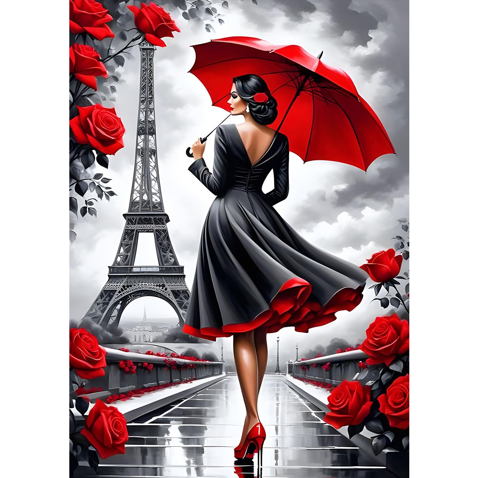MXJSUA 5D DIY Lady in Red Paris Diamond Painting, DIY Diamond Painting Full Kit, Diamond Painting Craft Rhinestone Cross Stitch Painting for Adults, 30x40 cm