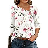 LUYAA Womens 3/4 Length Sleeve Square Neck Button Blouse Dressy Casual Asymmetrical Tunic Tops