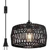 YongMing CL 11.42’’ Black Woven Plug in Pendant Light Fixture, Rustic Round Ceiling Hanging Light with Plug in Cord & On/Off 
