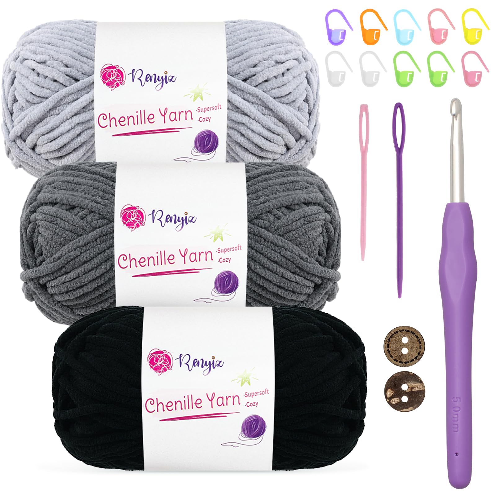 Renyiz Chenille Chunky Yarn for Crochet 3x50g (60m/Skein) Soft Fluffy Wool Ideal for Blankets, Amigurumi, Beginner Crocheters, with 5mm Crochet Hoo k(Black-3) — image 1