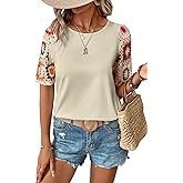SHEWIN Womens Crochet Floral Print Tops Casual Short Sleeve T Shirts Crewneck Boho Beach Vacation Clothes