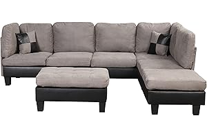 Casa Andrea Milano Modern 3 Piece Microfiber and Faux Leather L Shaped Sectional Sofa with Reversible Chaise & Ottoman, Large Living Room Furniture, Grey