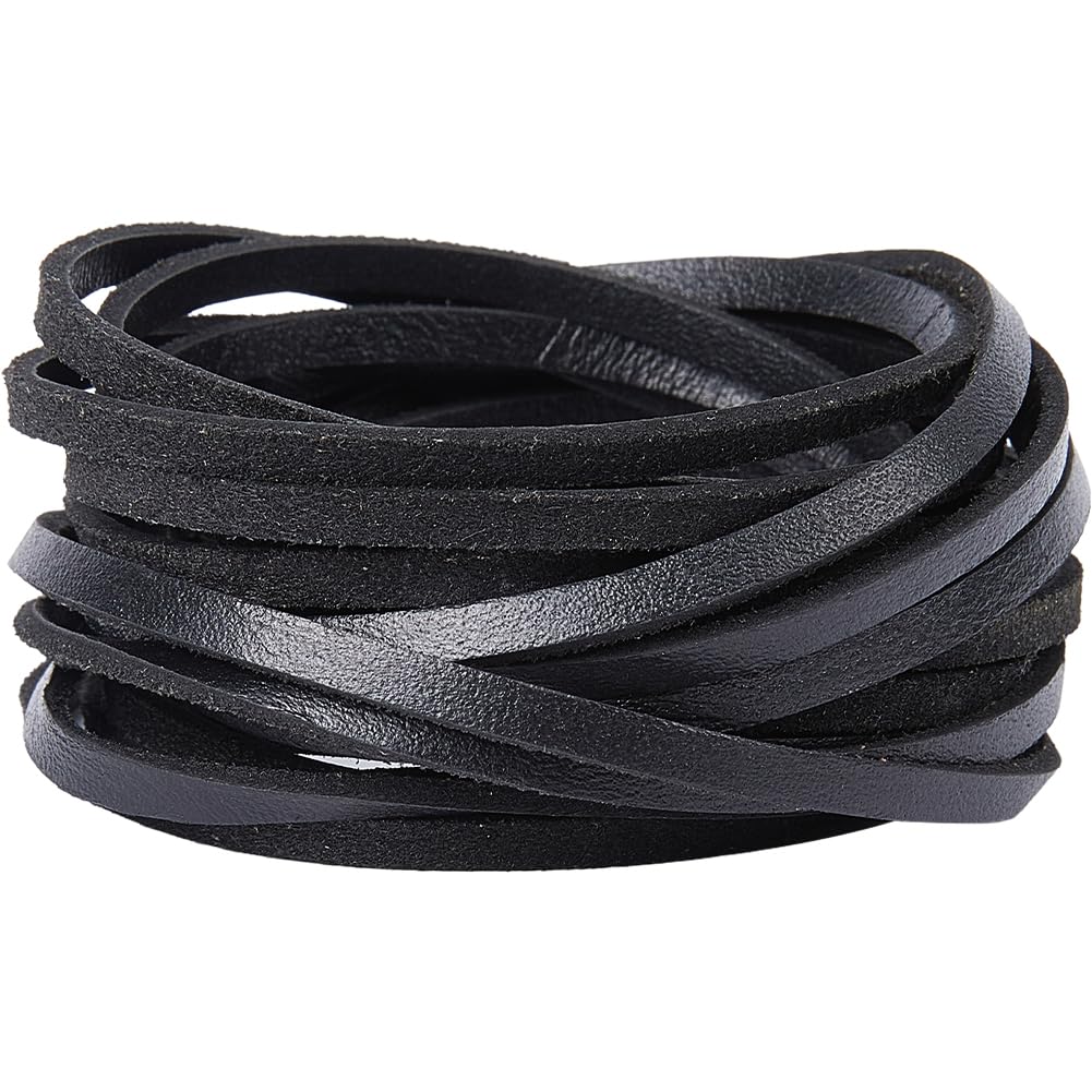 GORGECRAFT 5m Black Leather Strips 4mm Wide Flat Leather Cord Cowhide String Braiding Leather Thread Rope for DIY Crafts Necklace Bracelets Anklet Keychains Jewelry Making Boot Lace Beading Supplies