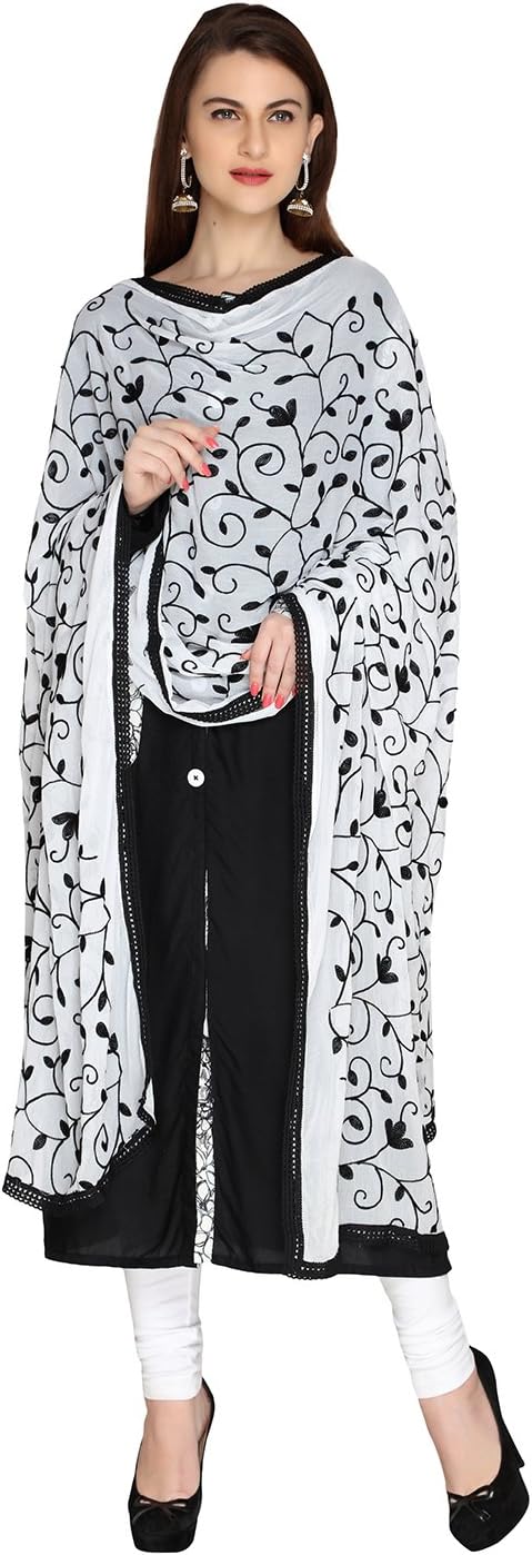 DUPATTA BAZAARWoman's White & Black Embrodiered Chiffon Dupatta Free size