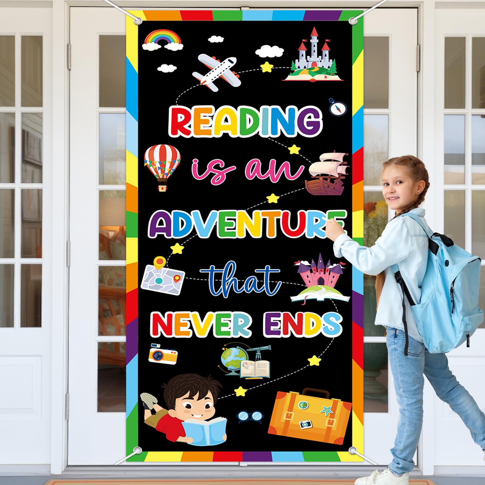 Photo 1 of Wiooffen Classroom Reading Door Cover Colorful Welcome Front Door Porch Sign Back To School Hanging Banner Decoration Colorful Photo Background Wall Decor for Kindergarten Preschool Elementary