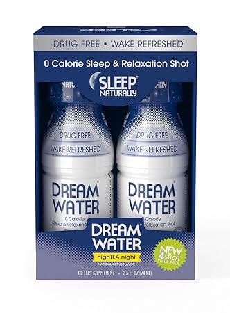 Dream Water Natural Sleep Aid, GABA, MELATONIN, 5-HTP, 2.5oz Shot, NighTEA Night, 4 Count