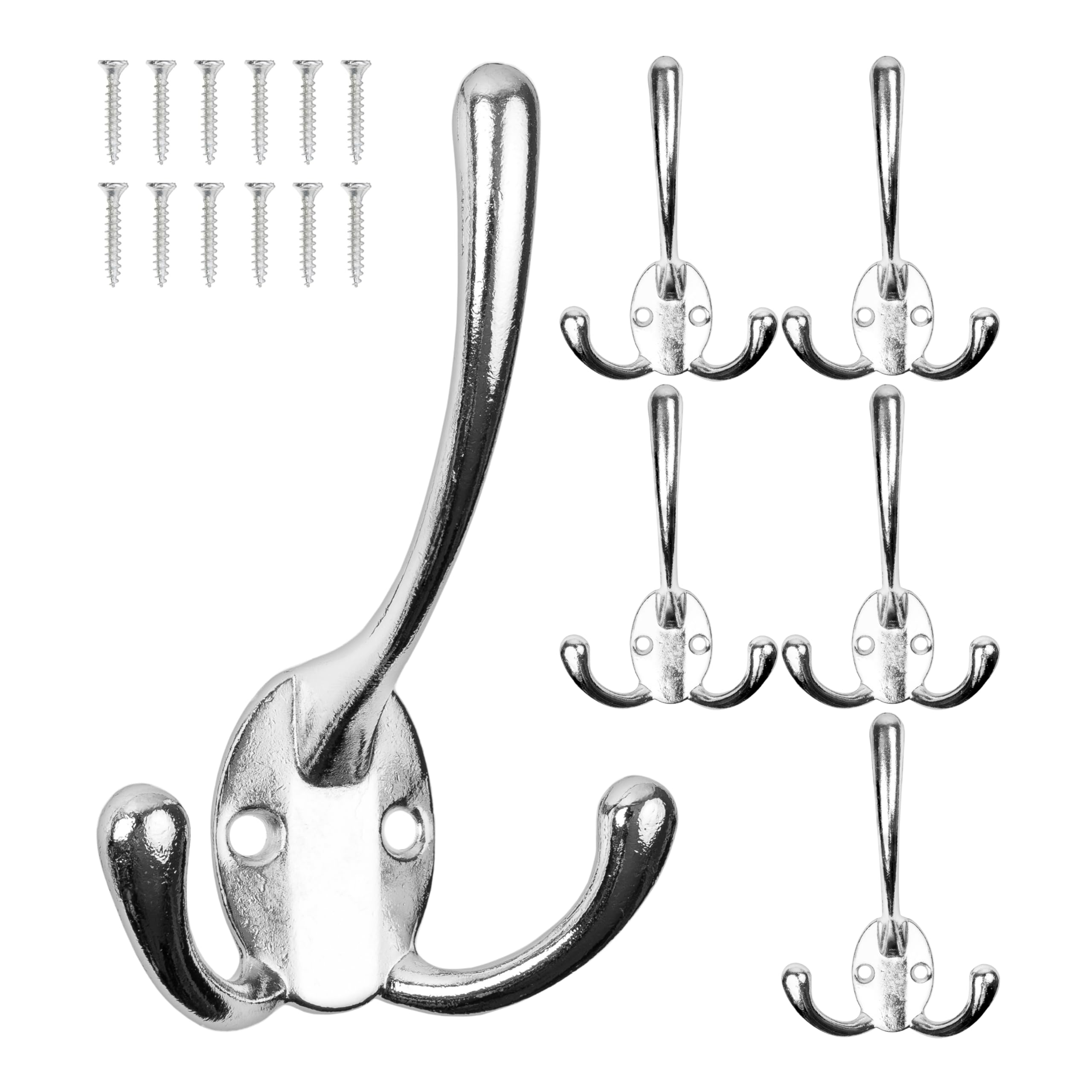 Your Day Mate Screw Hook, 6 Pieces, in Silver, Outer 113 x 67 x 27 mm, Triple Hook incl. Wood Screws, Coat Hanger for Door, Bathroom, Kitchen, Hallway, DIY Metal Holder, Coat Fastener, hat Organizer