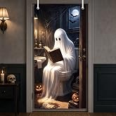 Inisajace Halloween Door Cover Decorations - Ghost Bathroom Halloween Door Decorations, Ghost Pumpkins Large Front Door Backdrop Banner Supplies Decor for Home Office, 3x6 Ft
