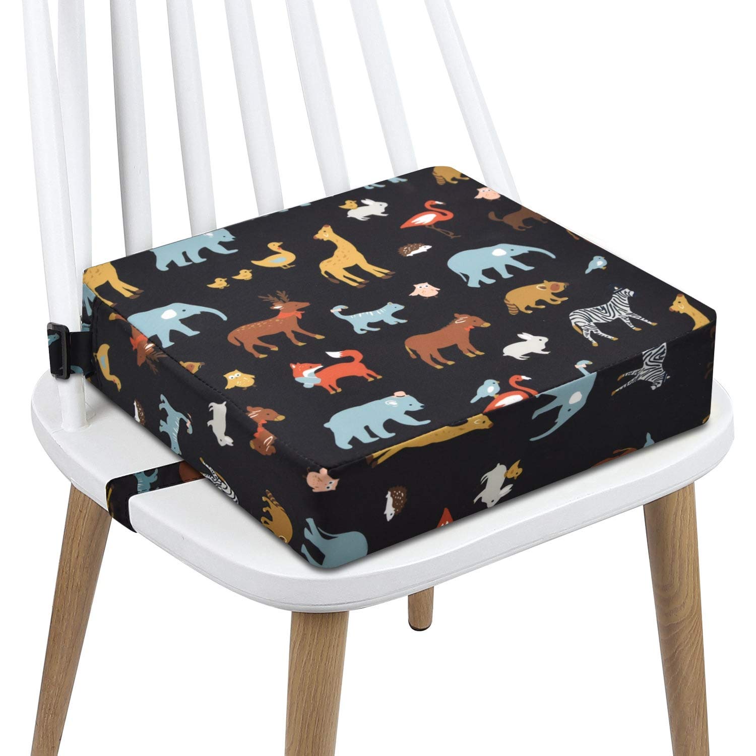 Booster Seat Dining Chair Toddler, Washable Table Boster Seat for Toddler 4 Belt Attach to Chair, Portable Travel Baby Child Kids Booster Cushion Black Animal