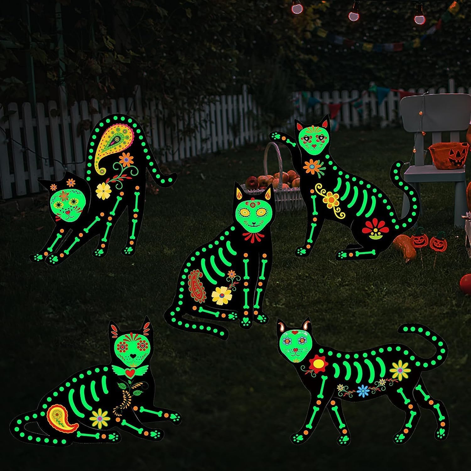 Yard Signs - Halloween Decorations Outdoor Yard Signs, 5 Pcs Glow in the Dark Skeleton Cat, Halloween Yard Signs with Stakes for Lawn Garden Front Yard Decorations - Halloween Decor Outdoor