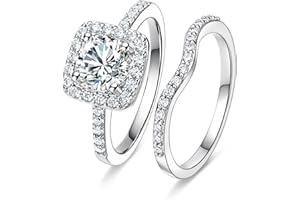 MDFUN 18K White Gold Plated Cubic Zirconia Two-in-One Halo Wedding Engagement Promise Eternity Ring for Women