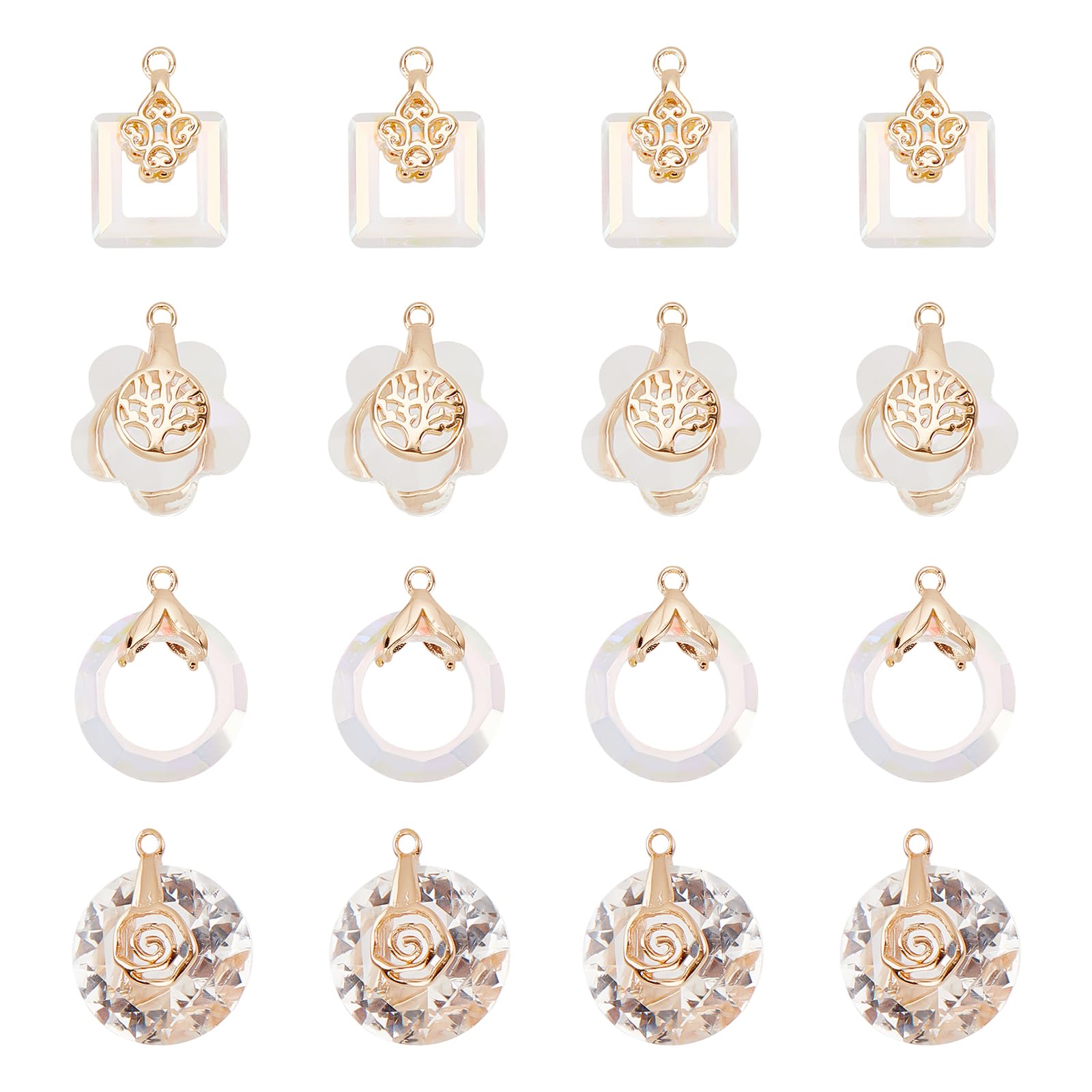 SUNNYCLUE 1 Box 24Pcs 4 Style Glass Flower Charms Tree of Life Charm Glass Heart Charms Spring Rose Flowers Glass Charm for jewellery Making Charms DIY Craft Bracelets Necklace Earrings Women Supplies