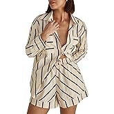 Bufushaoh Women's Striped 2 Piece Outfits Casual Oversized Button Down Shirts and Short Lounge Pajamas Set