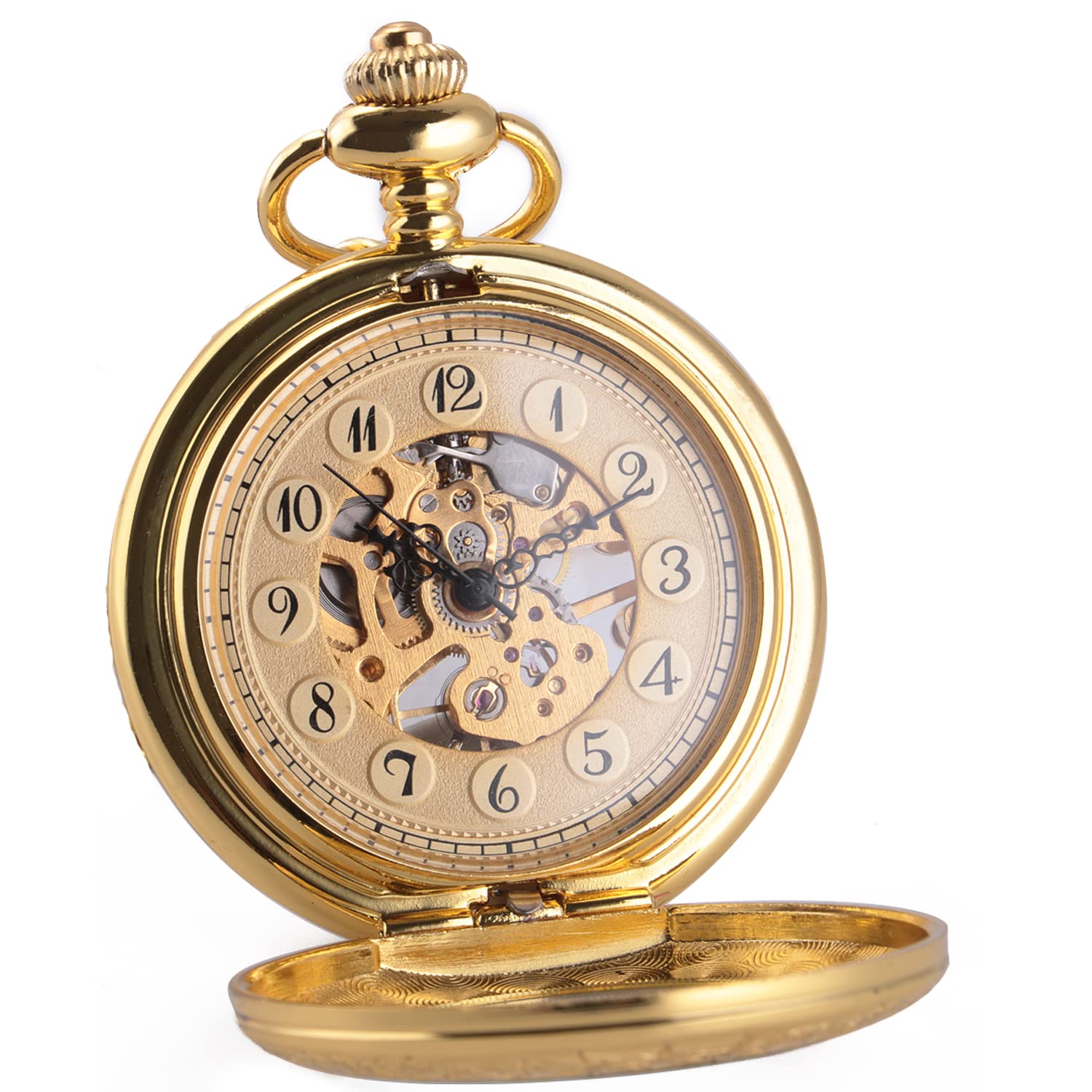 ManChDa Mechanical Pocket Watch for Men Women Special Magnifier Half Hunter Engraved Case Arabic Numerals with Chain + Box