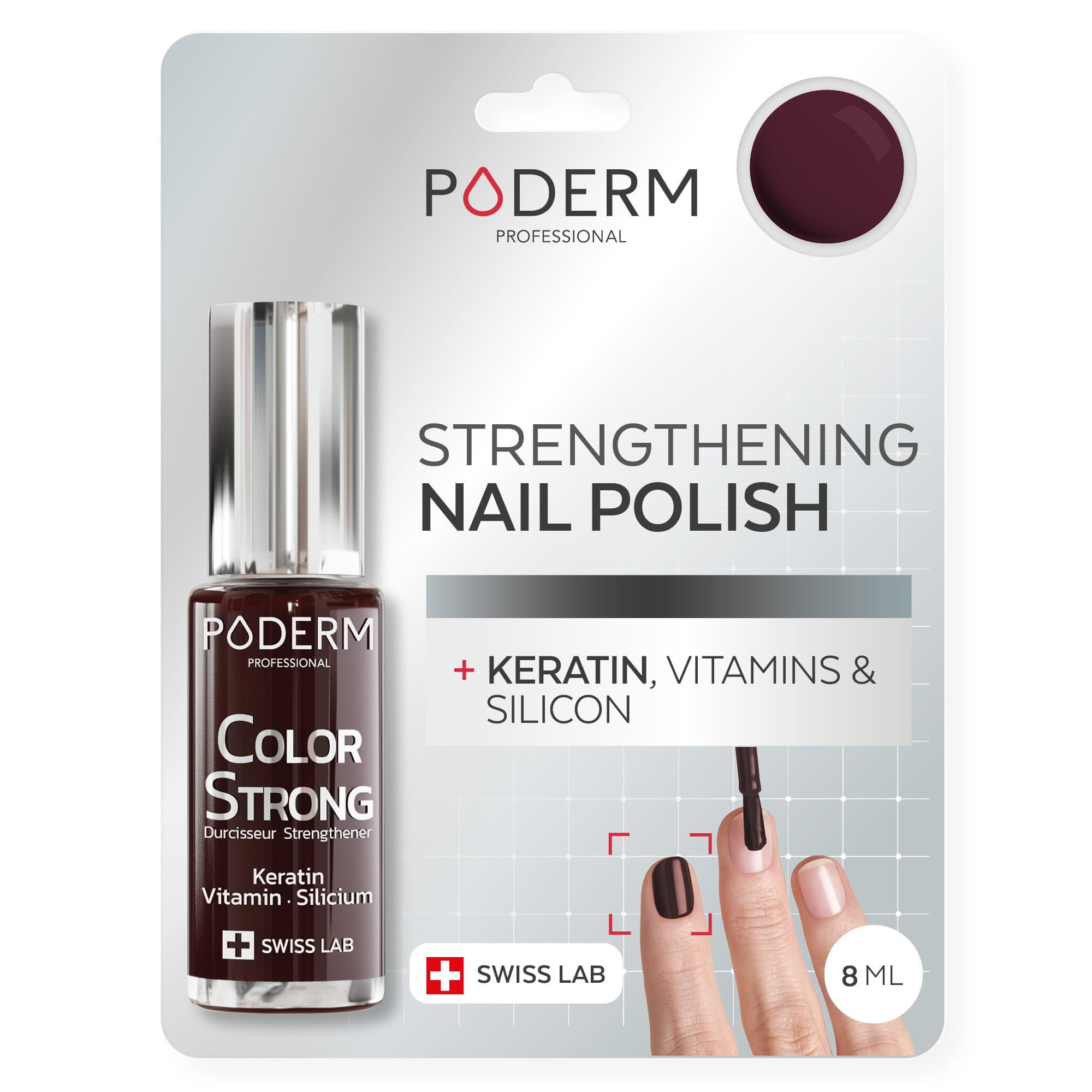 PODERM Nail Strengthener Polish - Black Red | Repairs and Strengthens Nails Damaged & Weakened by Semi-Permanent Nail Polish | Biotin, Silicon and Keratin | Developed by a Podiatrist in Switzerland