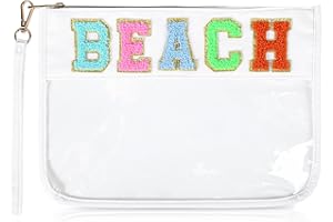 SOIDRAM Beach Bag Chenille Letter Makeup Bag Clear Travel Zipper Nylon Cosmetic Pouch Sunscreen Toiletry Bag Beach essentials summer Travel Gifts for women