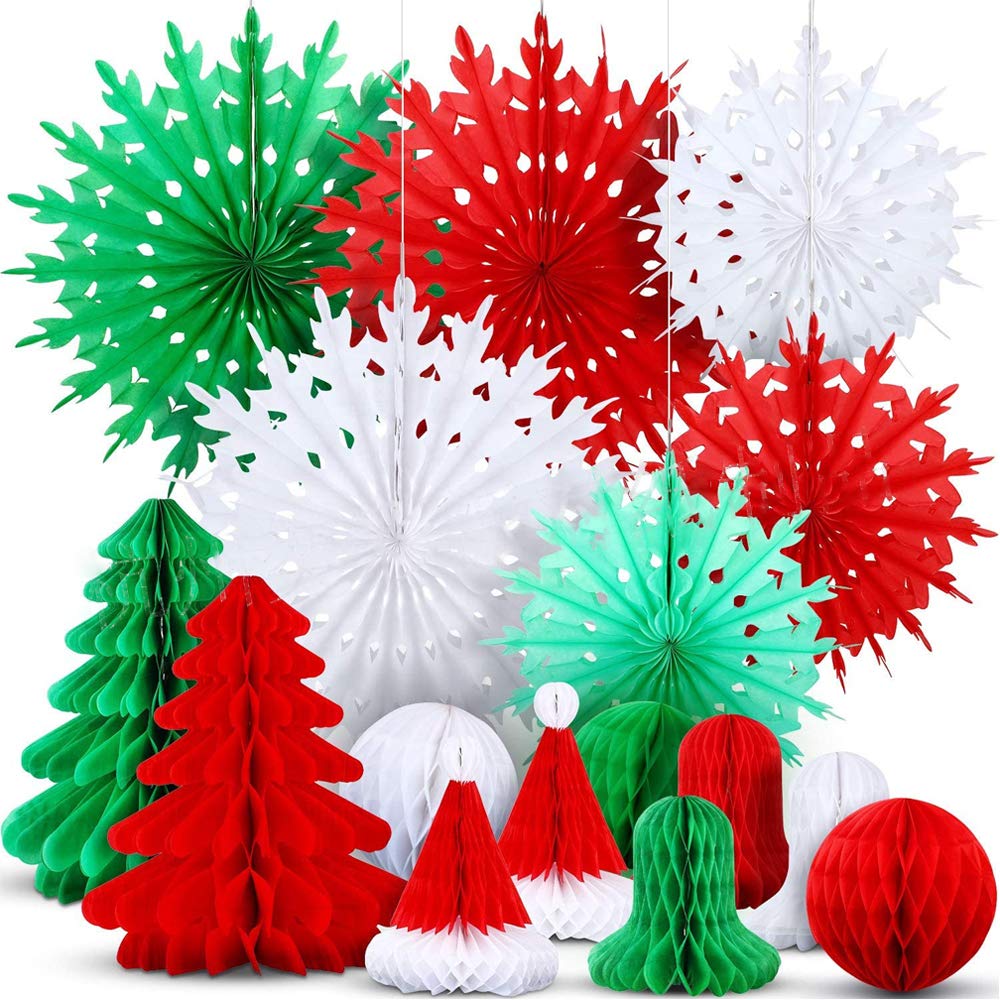 Paper Christmas Decorations Christmas Ceiling Decorations Indoor Xmas Hanging Decoration, Paper Snowflakes Honeycomb Decoration - Fan, Trees, Bell, Hat, Honeycomb Balls for Home Wall Decor,16PCS