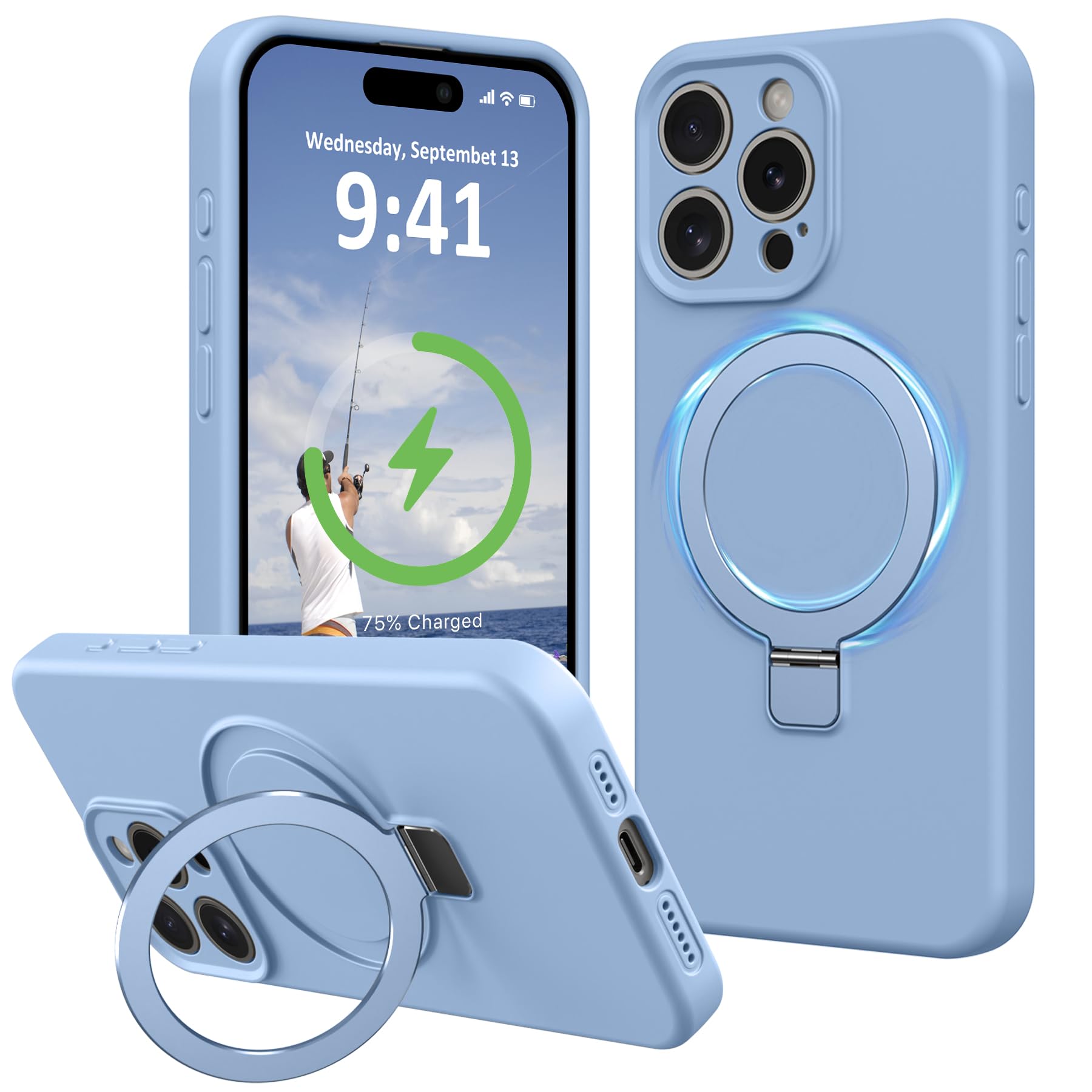 Vanxiliiy Compatible with iPhone 13 Pro Max Case Stand, Slim Full Camera Protection Liquid Silicone Phone Case Suitable for iPhone 13 Pro Max Compatible with MagSafe Ring Magnet Kickstand, Light Blue
