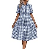 CHOUYATOU Women's Plaid Short Sleeve Button Down Shirt Dress Retro Gingham Button Up Tunic Midi Long Dress