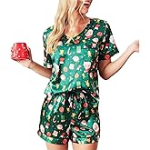 Women Satin Christmas Print Pajamas Set Sexy V-Neck Short Sleeve Shirt Elastic Waist Drawstring Shorts Sleepwear