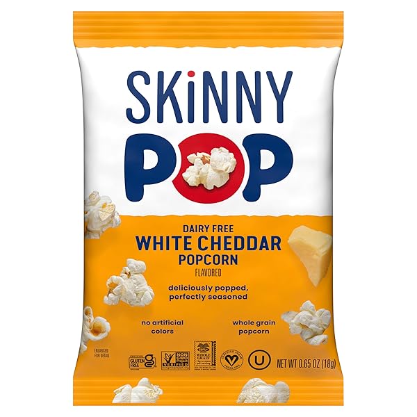 SKINNYPOP POPCORN, WHITE CHEDDAR, WHOLE GRAIN, DAIRY-FREE SNACK, 0.65OZ BAGS (6CT)