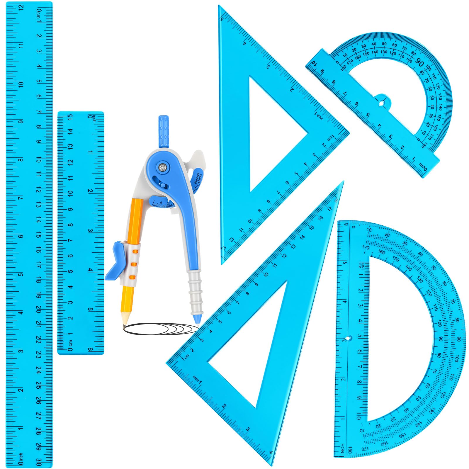 Photo 1 of Zonon 1 Set Plastic Geometry Math Set 7 Pcs Includes 6'' / 4 '' Protractor, Drawing Compass, 45/60 Degree Triangle Rulers, 12'' / 6'' Math Ruler Transparent for Office Supplies(Blue)