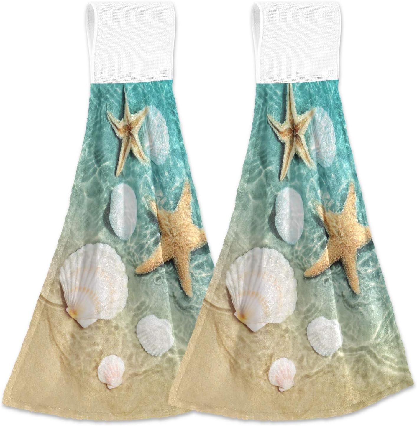 Alaza 2 Pcs Kitchen Towel, Starfish and Seashell on The Summer Beach Absorbent Towel Hanging Towel Hand Towel