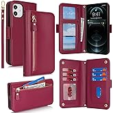 Jaorty for iPhone 12 Pro / 12 Phone Case with RFID Blocking Card Holder for Women Men,Phone Case Wallet for iPhone 12 with Wrist Strap,PU Leather Zipper Pocket Credit Card Slots Flip Cover,Dark Red