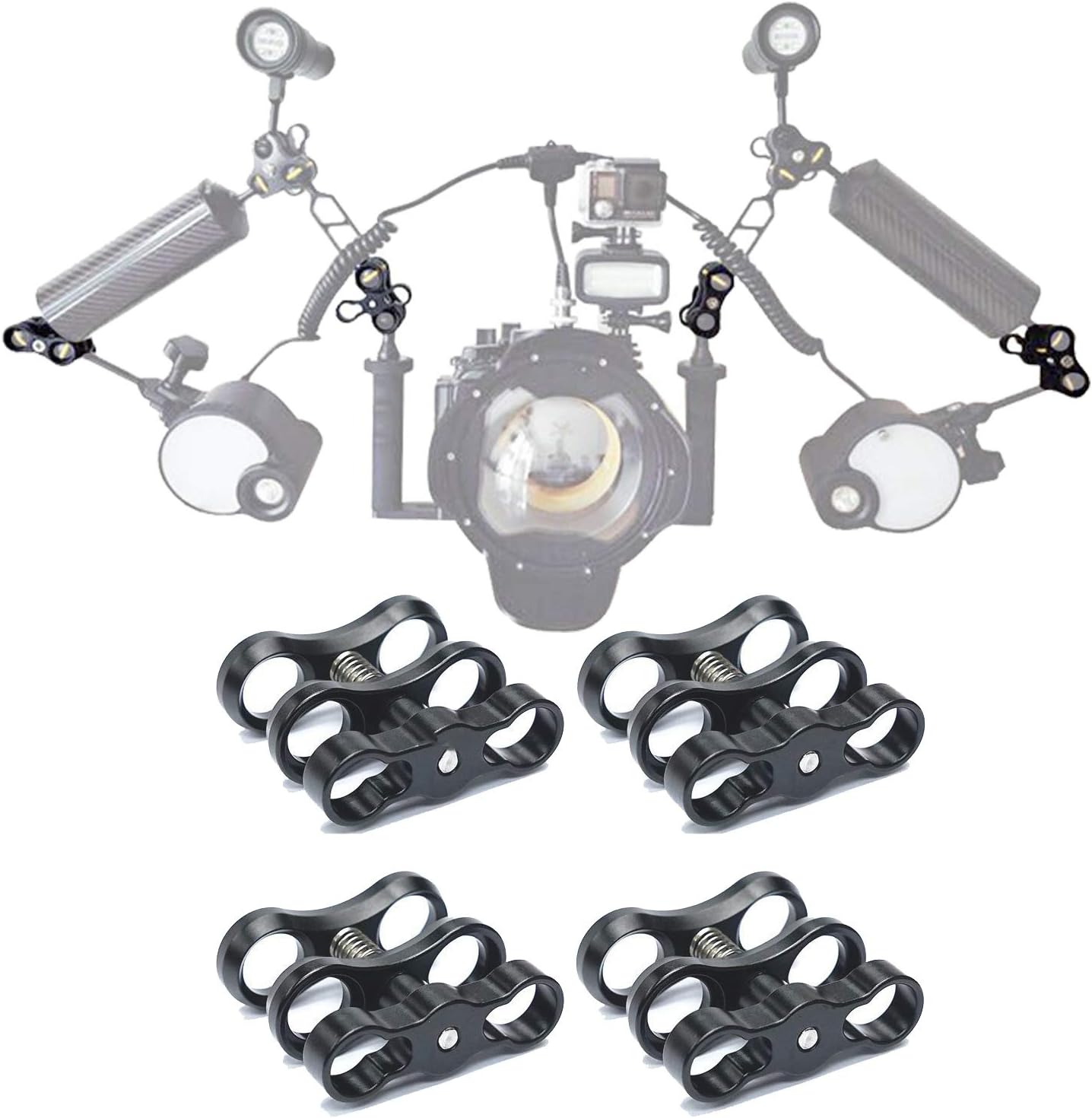 WLPREOE1'' Ball Clamp Mount x 4pcs, CNC Anodizing Aluminium Long Clamp, 360° Clip Adapter Bracket Holder for GoPro, Underwater Camera, Underwater Housing, Diving Light Arm Connected Accessories