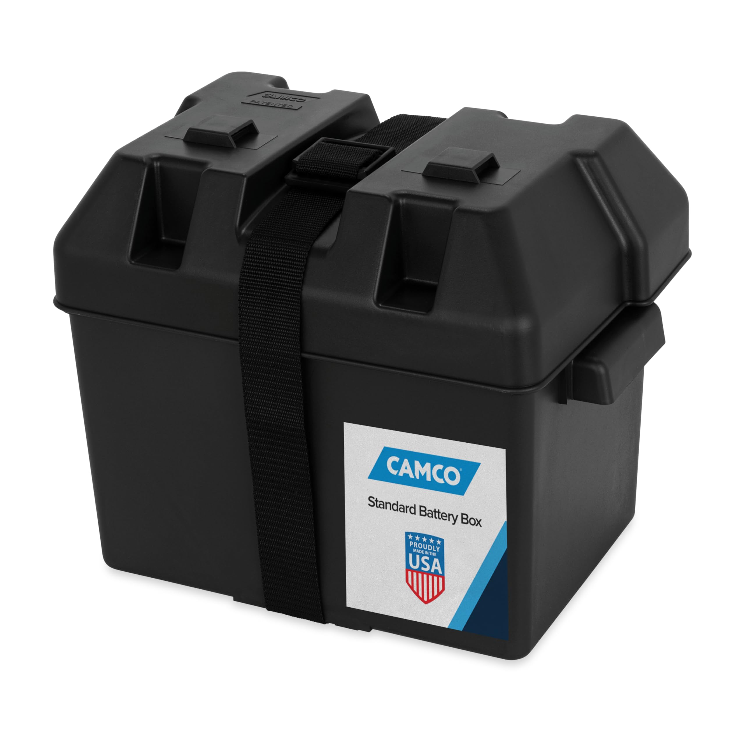 Photo 1 of Camco Large Battery Box with Straps and Hardware - Group 27, 30, 31 |Safely Stores RV, Automotive, and Marine Batteries | Measures Inside 7-1/4" x 13-1/4" x 8-5/8" | (55373), Black
