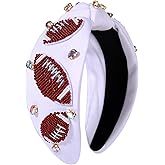 Football Headband for Women Football Mom Accessories Beaded Football Knotted Headband Jeweled Rhinestone Crystal Embellished Top Knot Hairband White Sport Hairband Game Day Hair Accessory (White)
