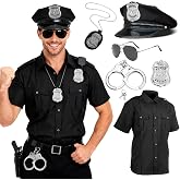 Maazusa Police Costume Men Cop Costumes Outfit Shirt Hat Badge Handcuffs Sunglasses Police Officer Halloween Costumes Adult