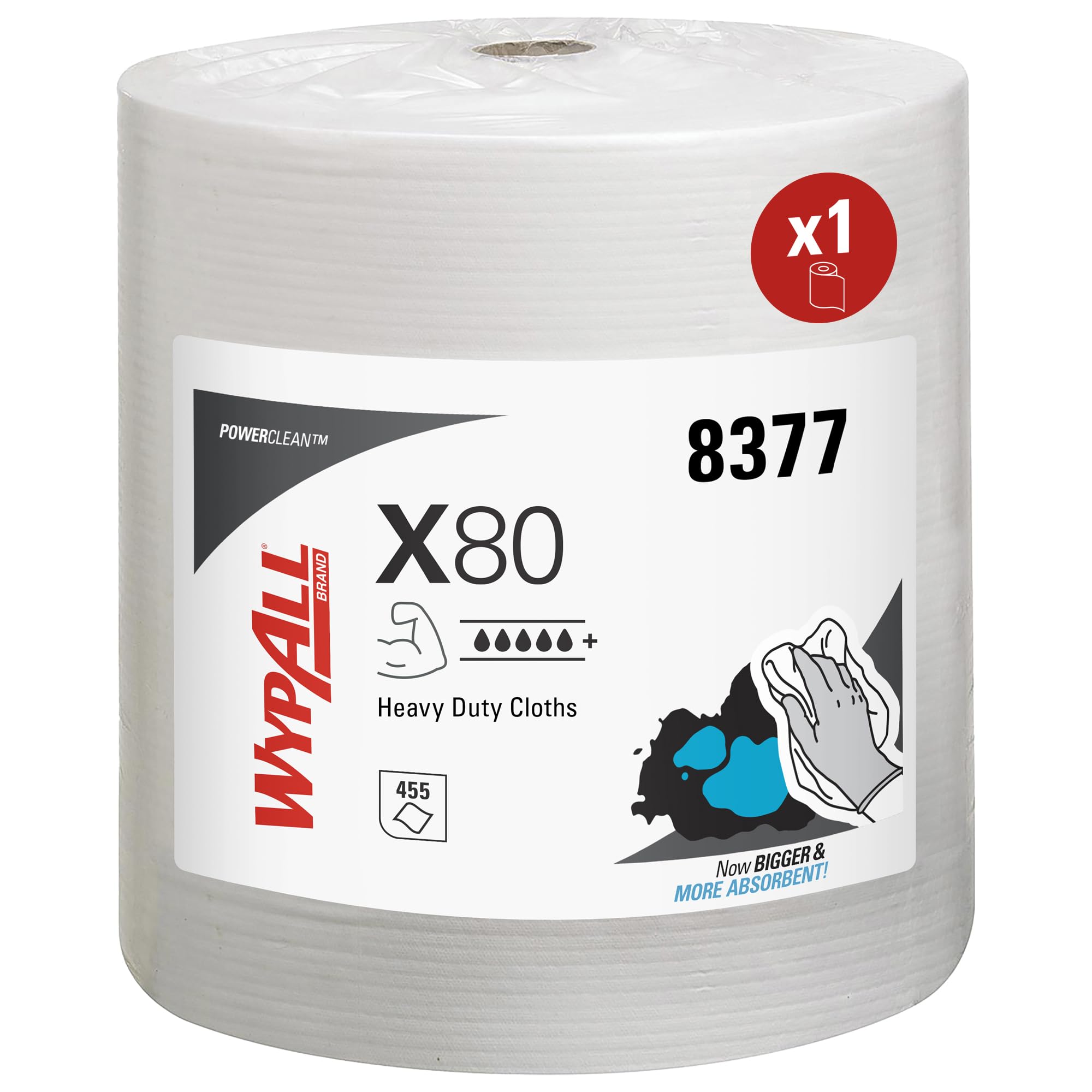WypAll X80 Power Clean Cloths, White Reusable Industrial Cleaning Cloths, for High-Duty Cleaning, 1 Large Wiper Roll x 455 Sheet, Model nr. 8377