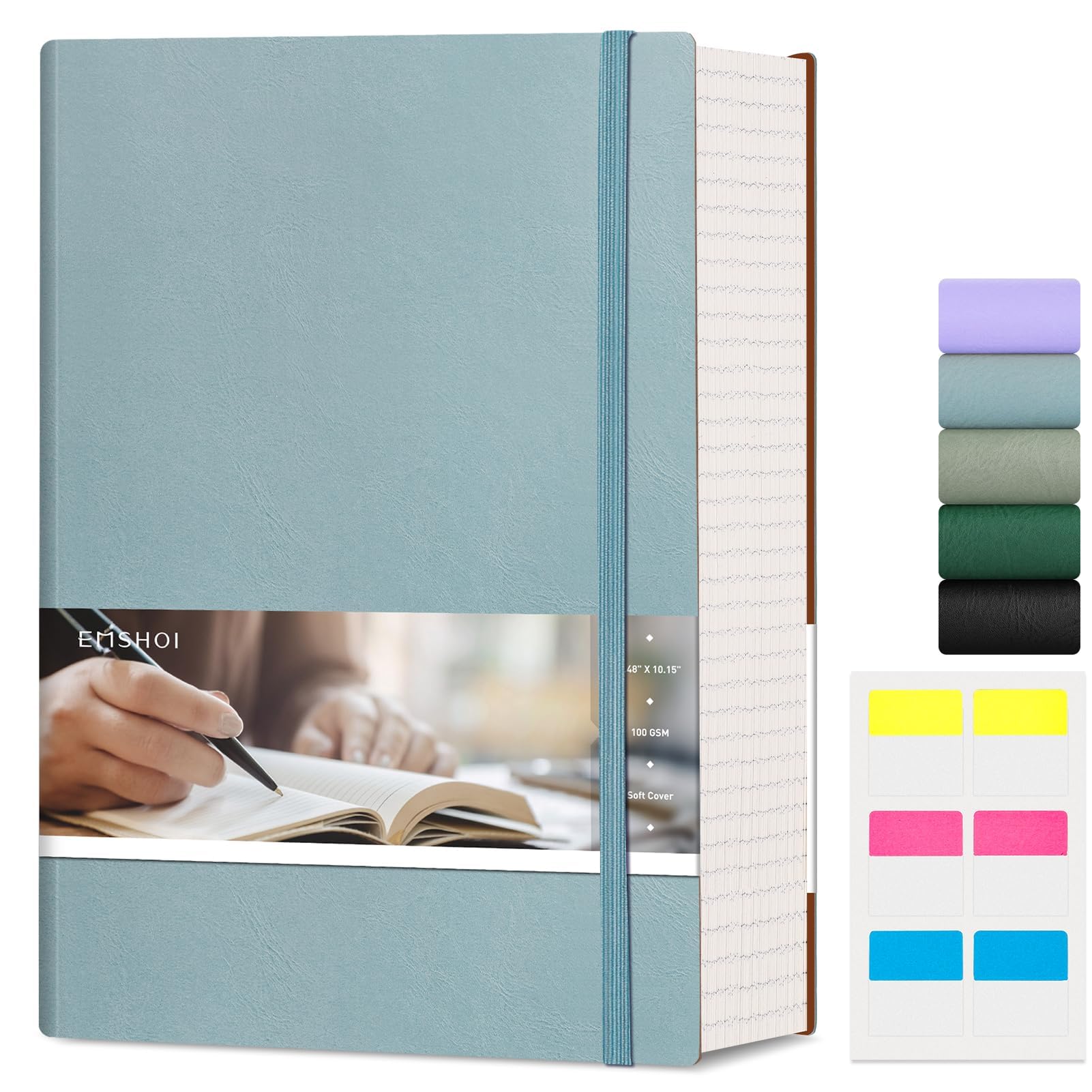 EMSHOI 400 Pages Notebook B5 - Large Lined Journal 100GSM Thick Ruled Notepad, Vegan Leather Softcover Daily Note Book for Women Men Work School Office Writing, Sticky Notes (19 x 25 cm, GrayBlue)