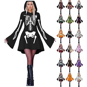 Halloween Dresses for Women Long Sleeve Hooded Witch Dress Skeleton Gothic Funny Adults Vampire Cosplay Party Costume