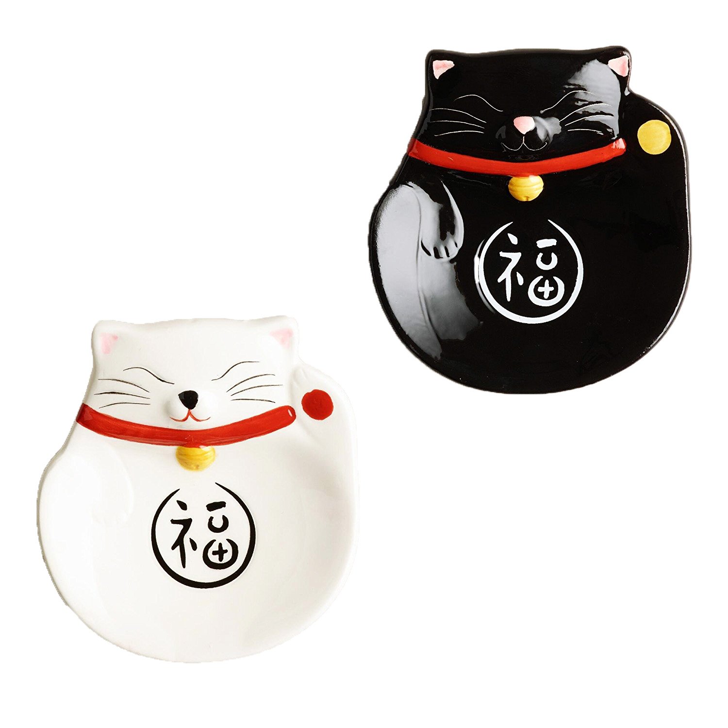 Happy Cat Ceramic Tea Bag Rest Holder Set of 2 Black and White by WM
